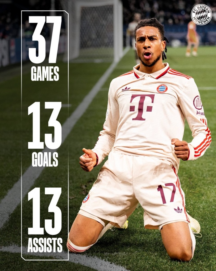 預(yù)訂拜仁賽季最佳引援？23歲奧利塞各項(xiàng)賽事37場(chǎng)13球13助攻