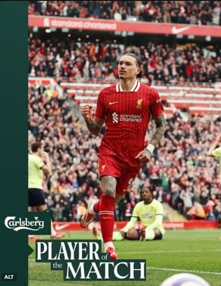 進球+造點！利物浦官方：努涅斯當選本輪英超隊內(nèi)最佳球員