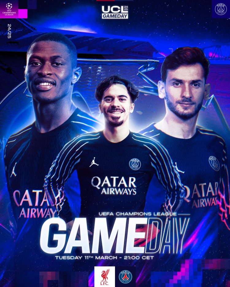 巴黎歐冠客戰(zhàn)利物浦海報(bào)：維蒂尼亞、努諾-門德斯、克瓦拉在列