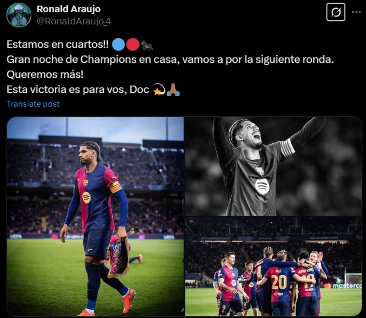 阿勞霍發(fā)文將勝利獻(xiàn)給已故隊(duì)醫(yī)：很棒的歐冠主場之夜，勝利獻(xiàn)給你