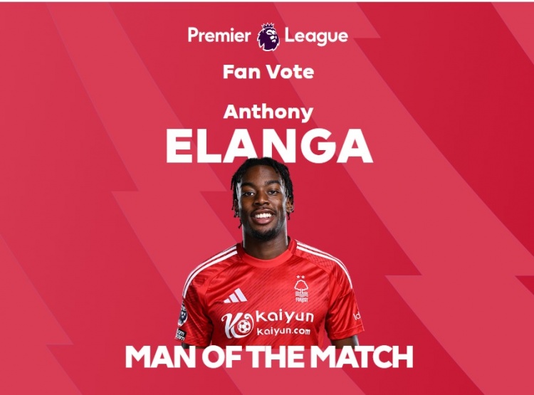 梅開(kāi)二度！官方：伊蘭加被票選為諾丁漢森林vs伊鎮(zhèn)全場(chǎng)最佳