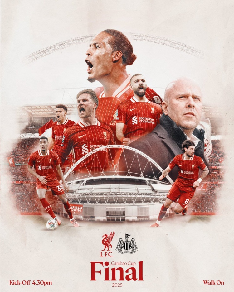利物浦聯(lián)賽杯決賽海報(bào)：斯洛特、薩拉赫、范迪克等人出鏡