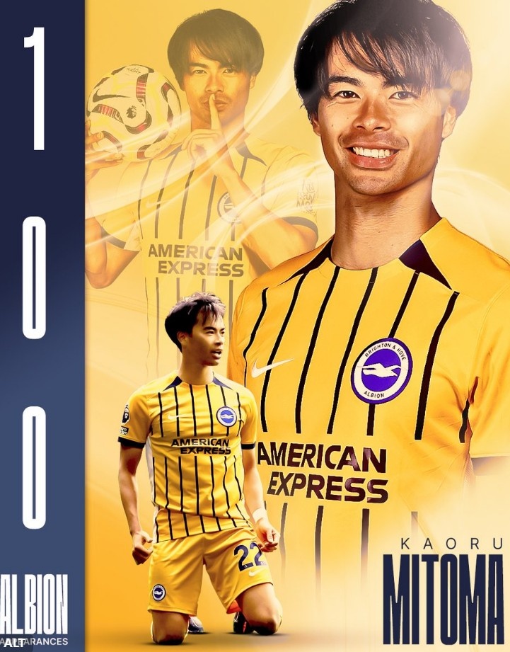 21球15助，布萊頓官方曬海報祝賀三笘薫達成100次出場里程碑