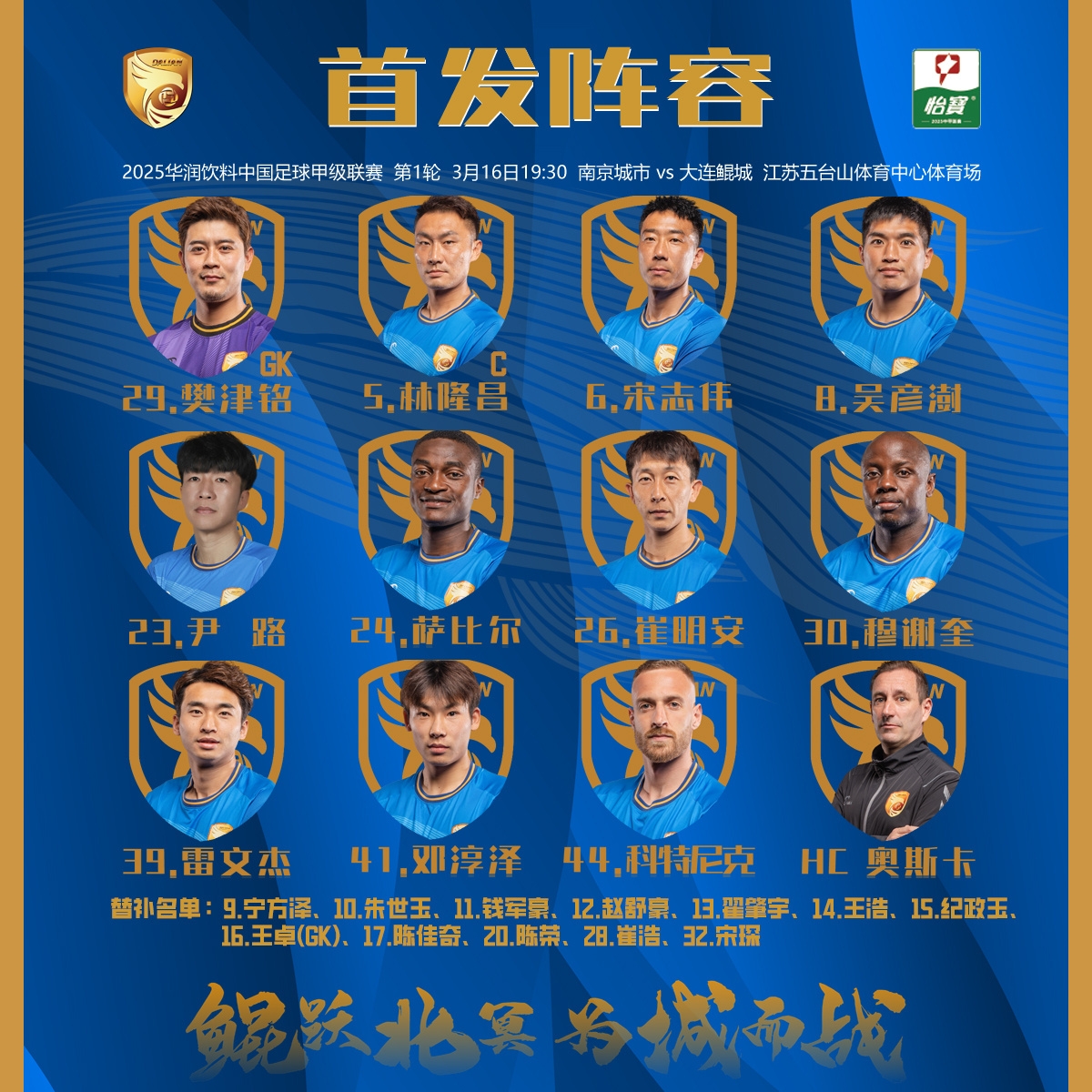 2025賽季中甲聯(lián)賽首輪，大連鯤城客場對陣南京城市首發(fā)出爐！