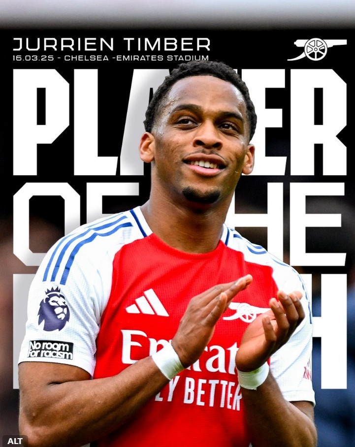 9次贏得對抗，阿森納官方：廷伯當(dāng)選對陣切爾西隊(duì)內(nèi)最佳球員