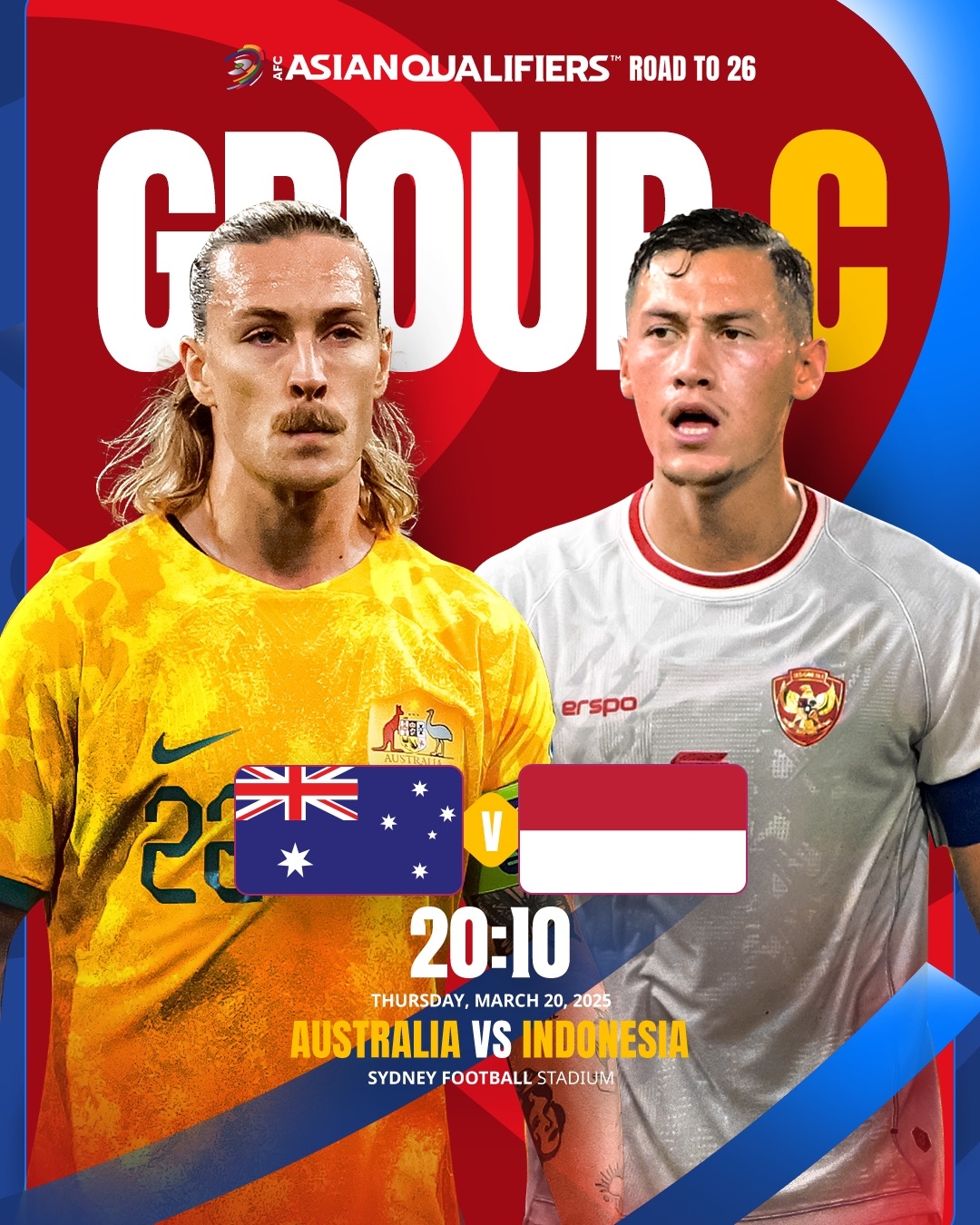 國足同組!澳大利亞vs印尼首發(fā)：印尼先發(fā)10名歸化 古德溫蒂格替補(bǔ)