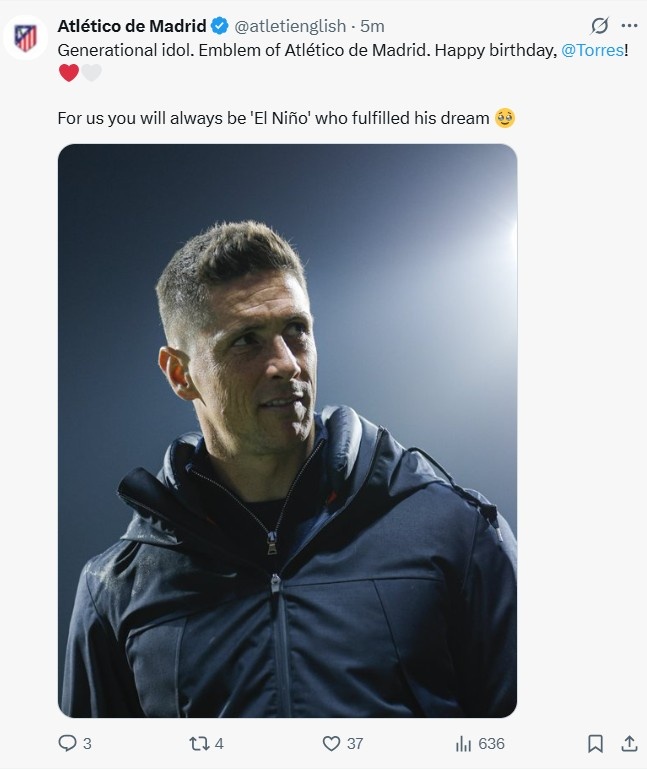 馬競(jìng)官方祝托雷斯41歲生日快樂(lè)：一代偶像，你永遠(yuǎn)是我們的圣嬰