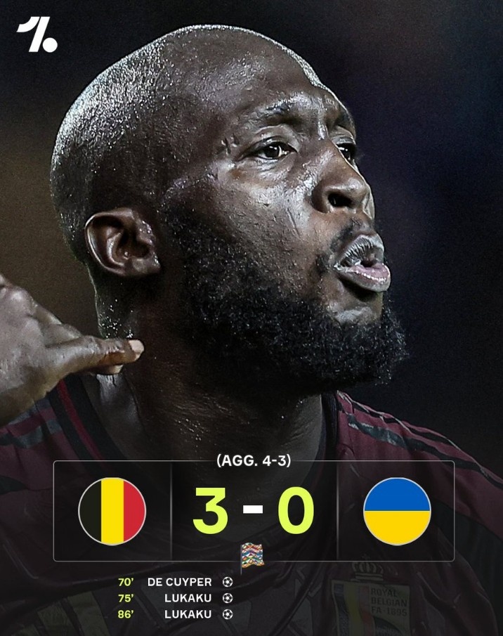 歐國聯(lián)升級賽次回合比利時3-0擊敗烏克蘭，盧卡庫梅開二度