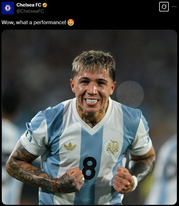 切爾西官推曬恩佐在阿根廷隊(duì)的照片：哇哦，多么出色的表現(xiàn)！