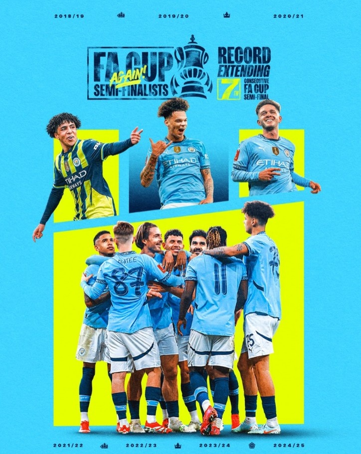 曼城連續(xù)7年晉級足總杯半決賽，創(chuàng)賽事歷史紀(jì)錄