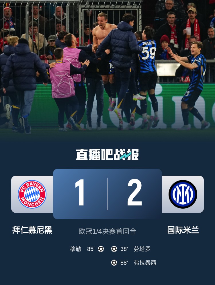 2-1占得先機(jī)！國米送給拜仁4年來歐冠主場首敗